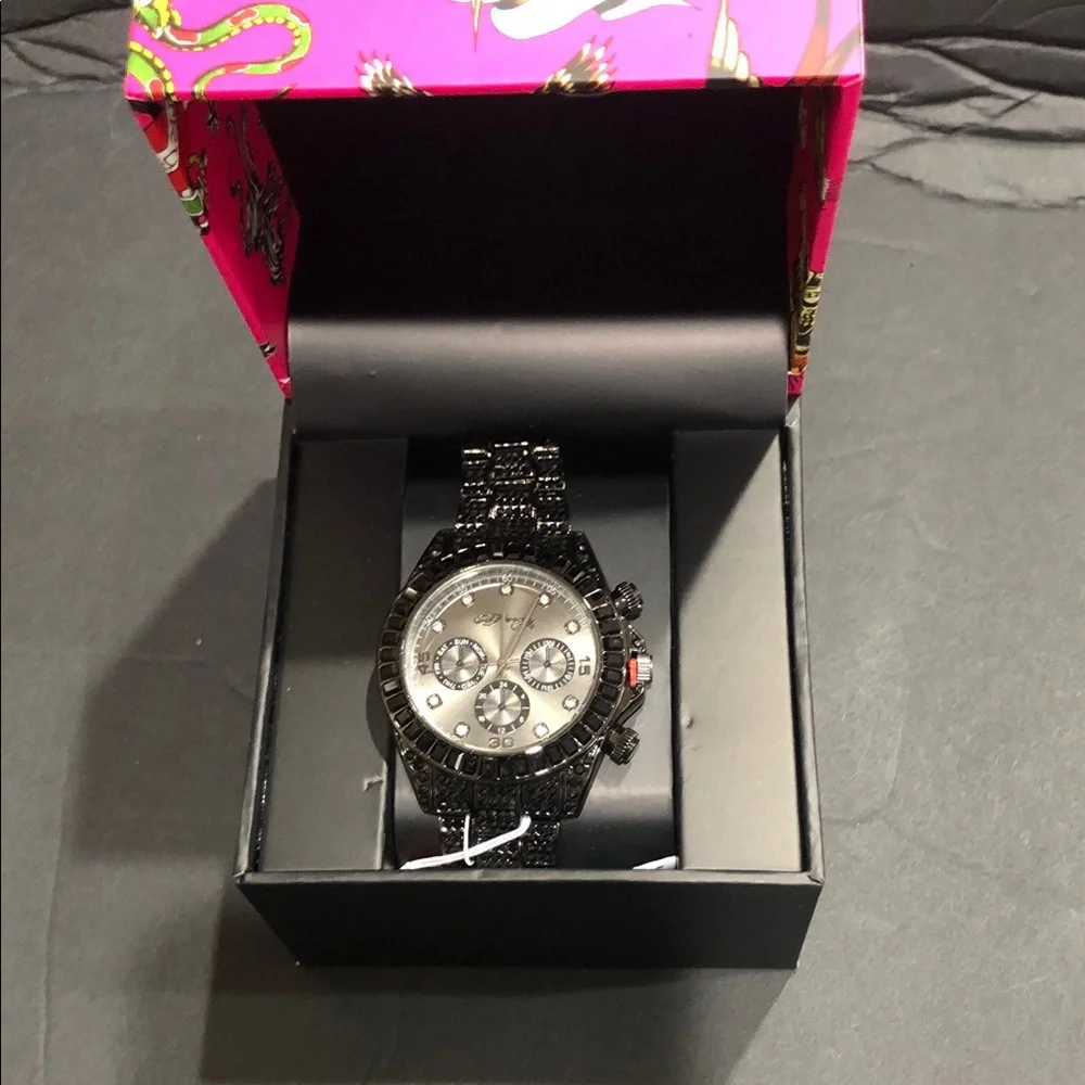 Ed Hardy black onyx look gemstone bling wristwatch new in pink Ed Hardy logo box